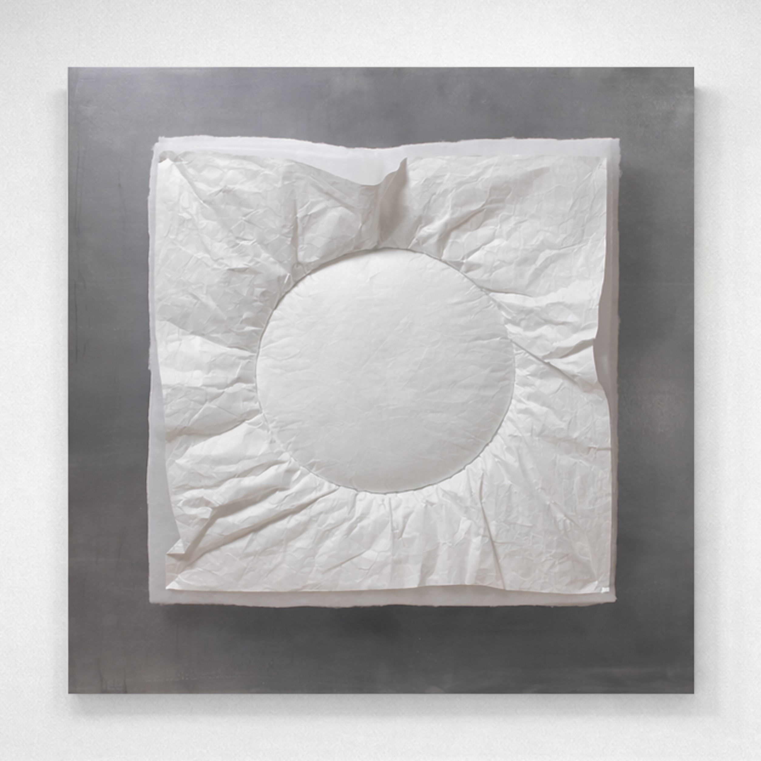 A layered artwork combining aluminum surface, Tyvek fabric, and padding, unified through white thread hand stitching. 
